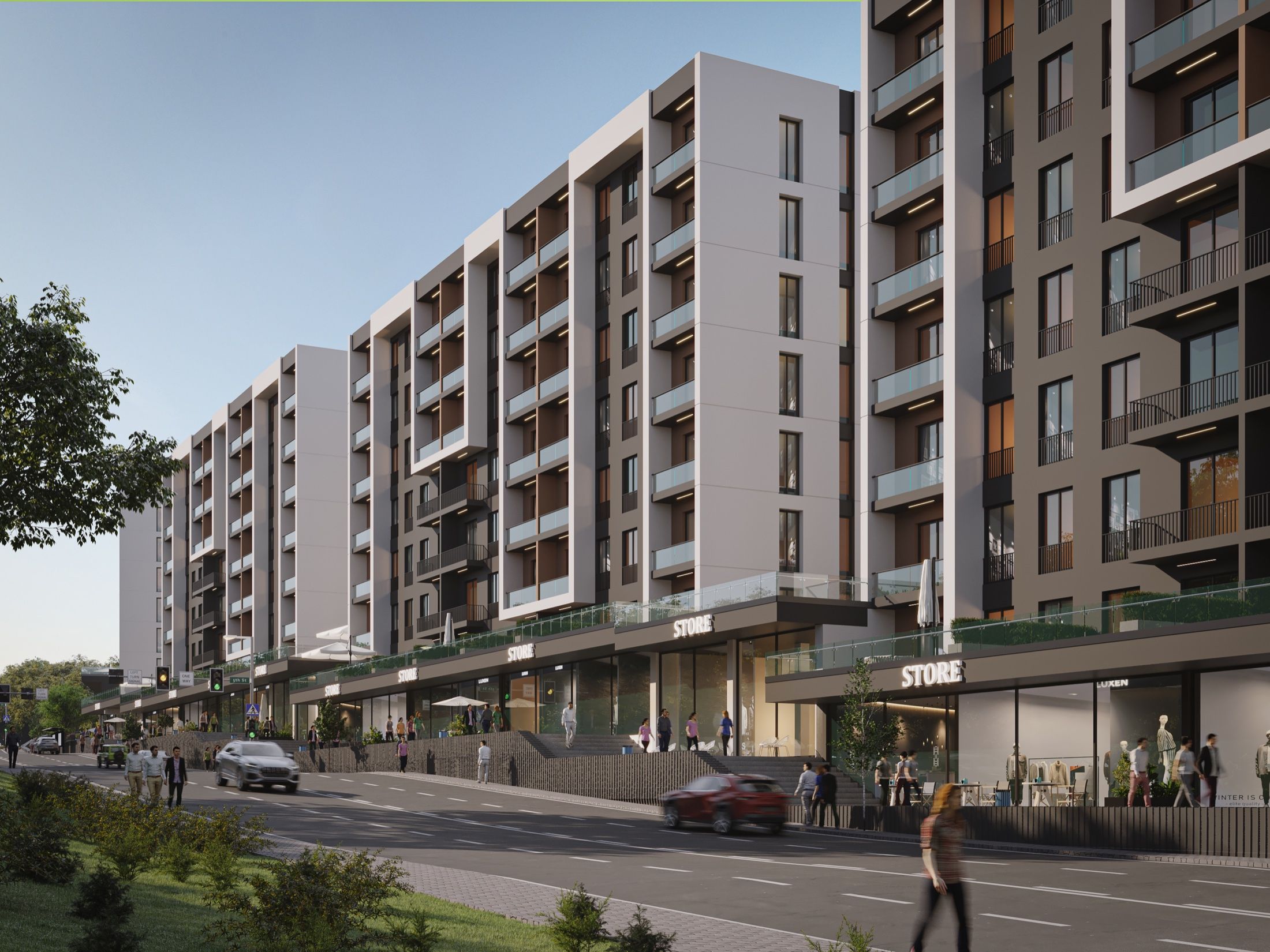 Rafine Cadde mimari renderı: konut bloklarının altında cadde boyunca sıralanan mağazalar